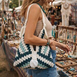 Hand Crafted Crochet Granny Square Three Triangle Cotton Bag Purse Tote